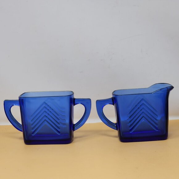 Vintage Cobalt Blue Glass Creamer & Sugar Set With Chevron Pattern - Picture 4 of 12